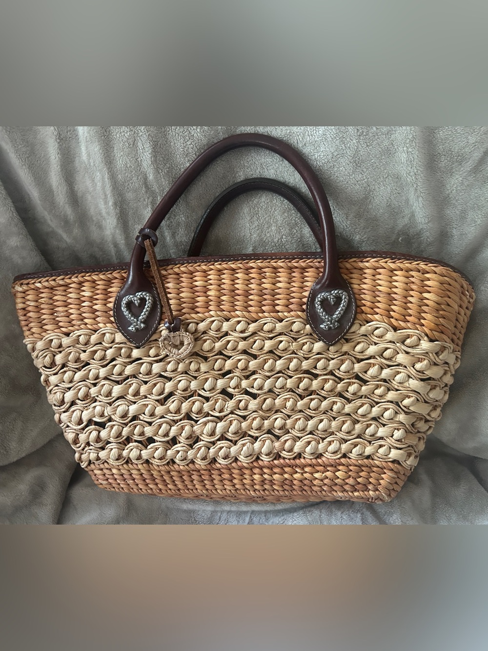 Vintage Brighton Woven Straw Beige & Brown Leather Shoulder Tote Bag